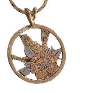 Vintage Gold Tone Rosegold Tone Necklace Round Bird Flower  Hunger Games Chain